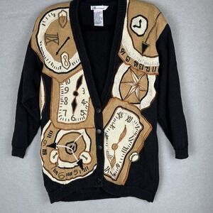 Vintage 90s Marie Diamond Long Cardigan Embroidered Clocks Art To Wear Black Med